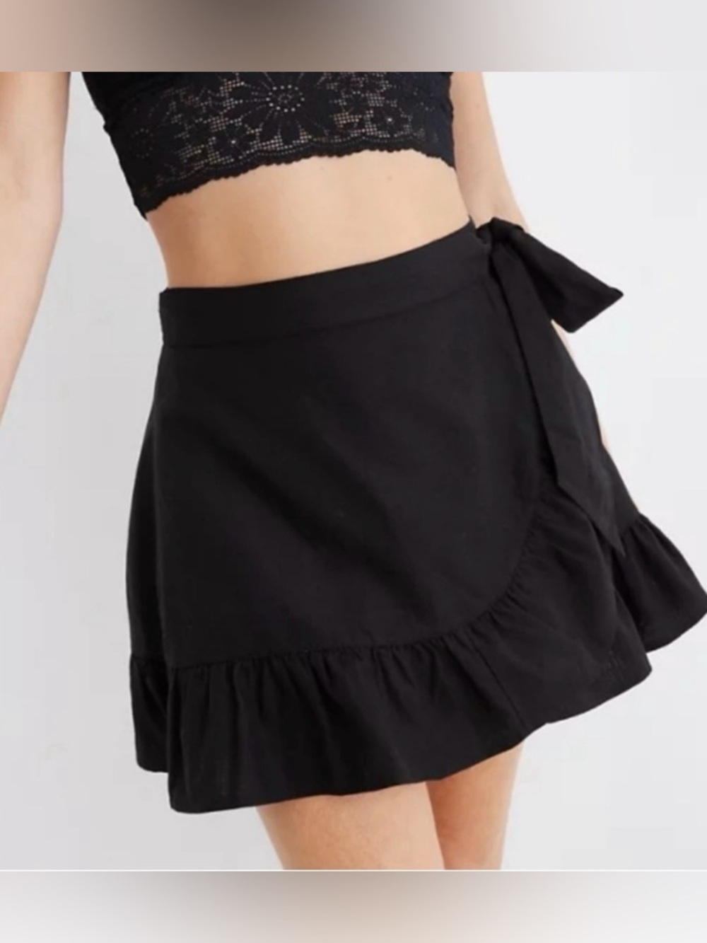 NWT Aerie Black Ruffle Linen Blend Wrap Skirt - Small